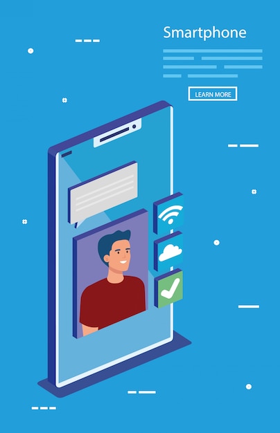 Uomo con disegno vettoriale smartphone isometrico