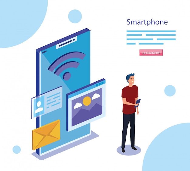 Uomo con disegno vettoriale smartphone isometrico