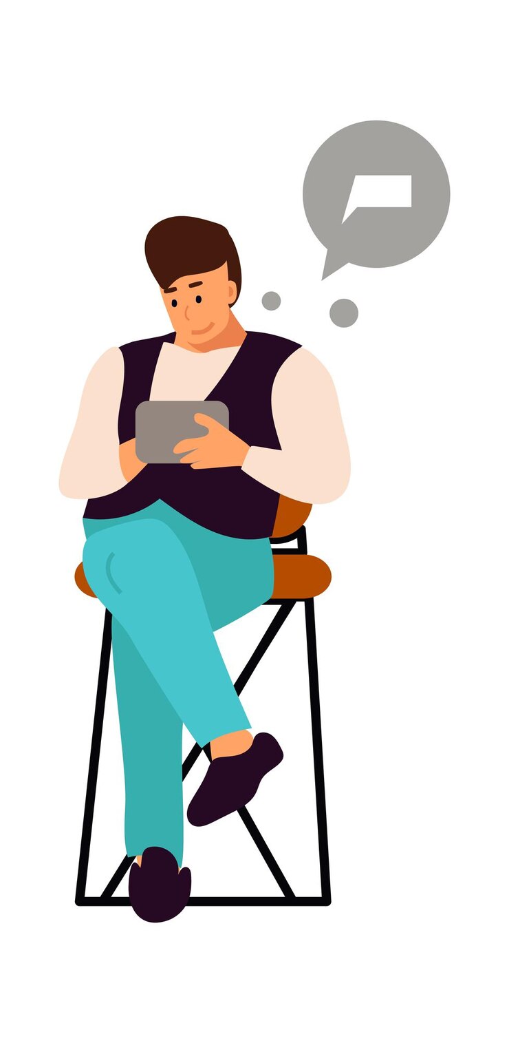 Vettore uomo con dispositivi che inviano messaggi, foto. uomo del fumetto che si siede sulla sedia con il fumetto. applicazione di chat per smartphone, messaggistica mobile. illustrazione di reti sociali di vettore di attività ricreative umane
