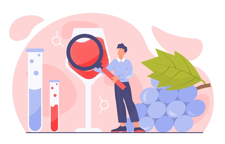 Vettore uomo con il concetto di produzione del vino giovane ragazzo vicino al bicchiere con bevanda alcolica con carattere lente di ingrandimento vicino