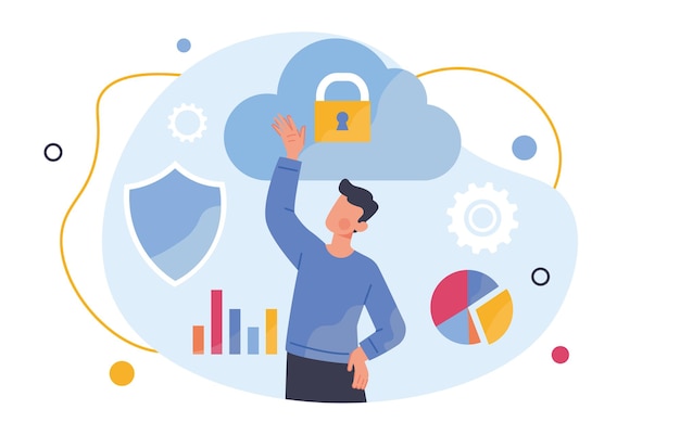 Uomo con il concetto di sicurezza cloud Giovane ragazzo con grafici e diagrammi Statistiche e infografiche Server aziendale di archiviazione e archiviazione elettronica Illustrazione vettoriale piatta dei cartoni animati