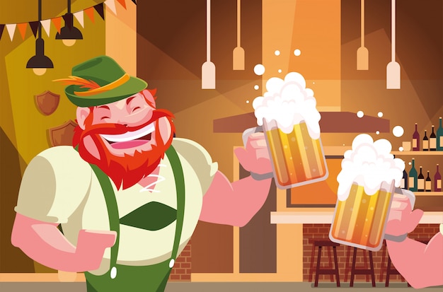 Uomo con la birra tradizionale tedesca della bevanda del vestito nella celebrazione di Oktoberfest della barra