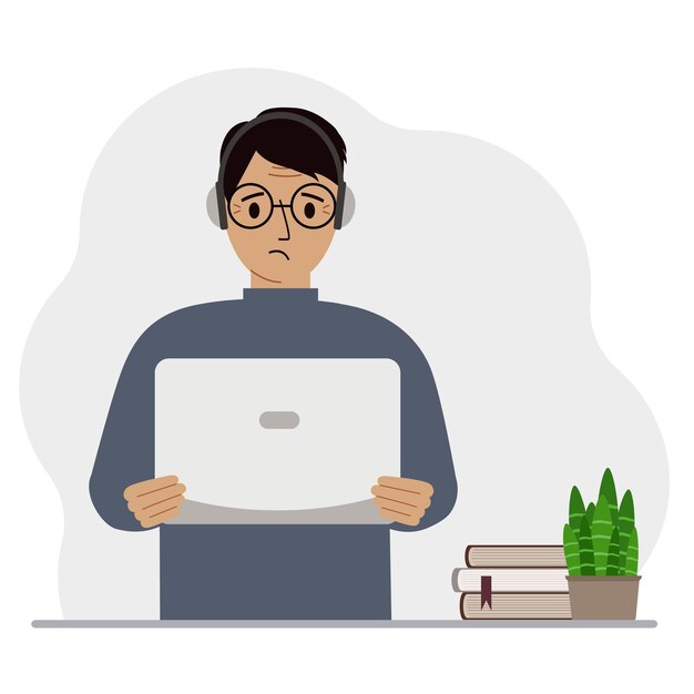 Uomo con laptop e cuffie Lavorare da casa Studente freelancer assistente blogger o uomo d'affari Concetto di ufficio domestico Illustrazione vettoriale piatta