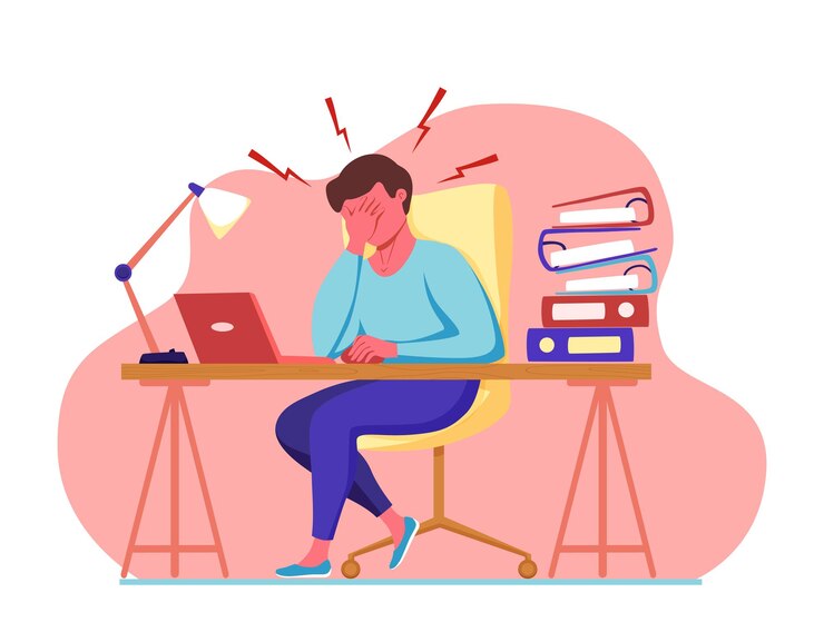 Vettore uomo con mal di testa emicrania che tiene la sua testa fumetto illustrazione vettoriale stressato infelice sconvolto