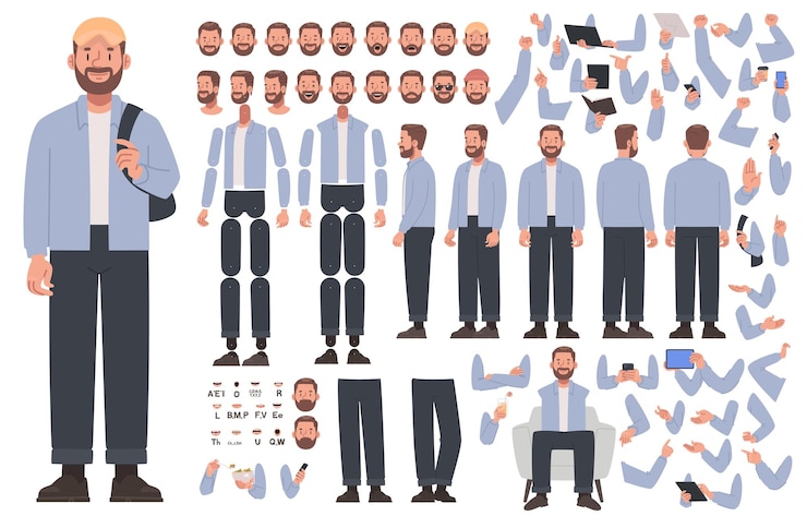 Vettore uomo costruttore di personaggi casuale diverse posizioni mani gambe testa creando animazione_ai_generato