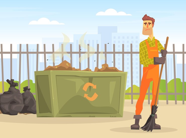 Vettore uomo custode che raccoglie spazzatura uomo pulitore di strada professionista in tuta arancione illustrazione vettoriale dei cartoni animati