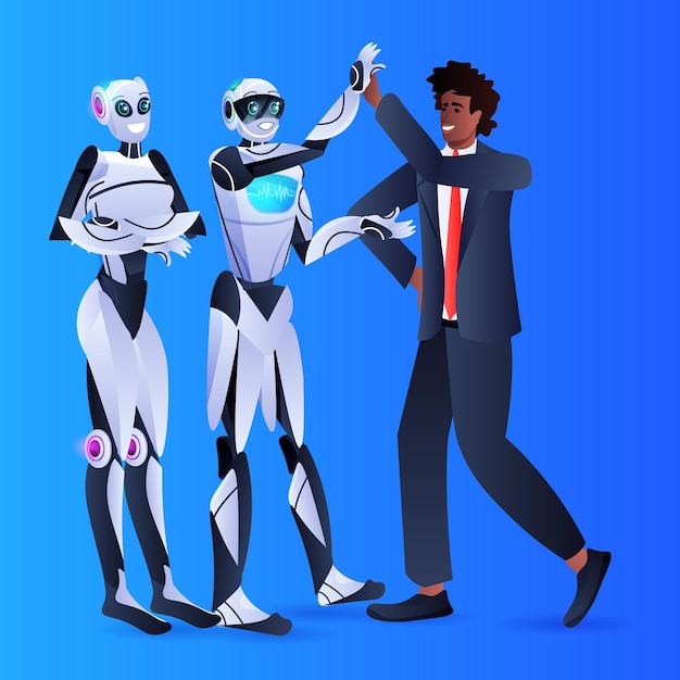 uomo d'affari afroamericano e robot che si danno il cinque durante l'accordo di riunione il concetto di tecnologia di intelligenza artificiale di partnership a tutta lunghezza
