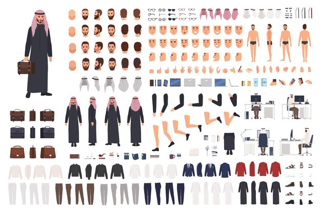 Uomo d'affari arabo in abiti formali tradizionali Set fai-da-te o kit avatar. Fascio di parti del corpo, posture, acconciature, abiti. Personaggio dei cartoni animati maschile. Viste frontale, laterale, posteriore. Illustrazione vettoriale piatta.