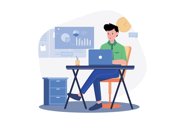 Uomo d'affari che lavora al concetto dell'illustrazione del computer portatile su fondo bianco
