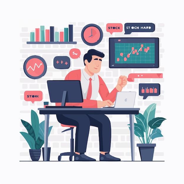 Uomo d'affari che lavora sul diagramma del mercato del commercio finanziario Vector