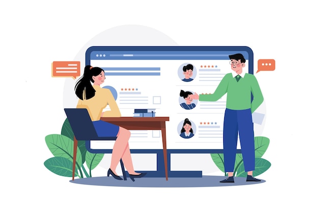 Uomo d'affari che seleziona il concetto online dell'illustrazione dei dipendenti