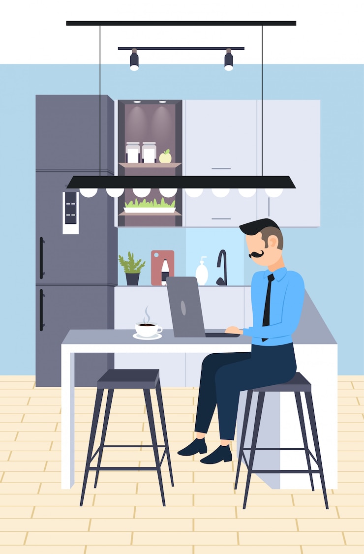 Vettore uomo d'affari che si siede alle free lance dell'uomo di affari dello scrittorio del posto di lavoro facendo uso del verticale integrale interno della cucina moderna di concetto di processo di lavoro del computer portatile