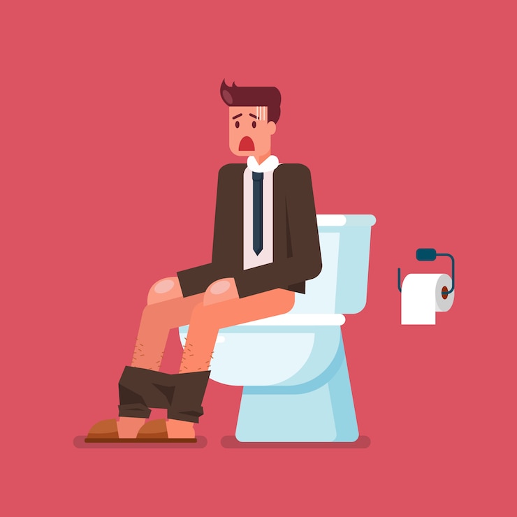 Vettore uomo d'affari che si siede sulla tazza della toilette e che soffre di diarrea