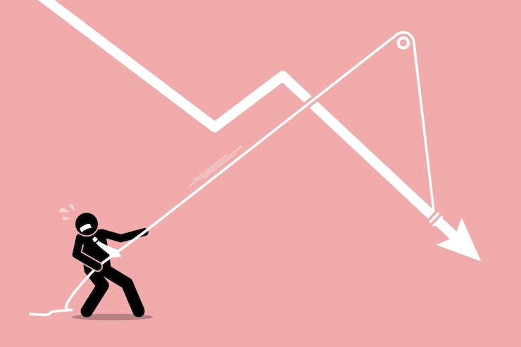 Vettore uomo d'affari che tira un grafico grafico a freccia che cade da un'ulteriore discesa. le opere d'arte rappresentano la crisi economica, la recessione, la pressione finanziaria e il peso.