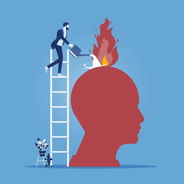 Uomo d'affari con annaffiatoio che spegne il fuoco nel concetto di aiuto della terapia psicologica del cervello in fiamme