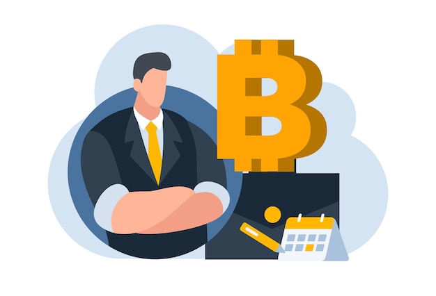 uomo d'affari con bitcoin moneta digitale moneta moneta illustrazione piatta