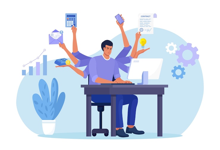 Vettore uomo d'affari con molte braccia seduto al computer in ufficio e svolgere molte attività allo stesso tempo lavoratore freelance abilità multitasking efficace gestione del tempo e concetto di produttività
