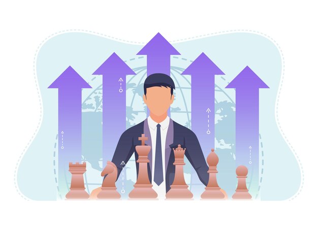 Uomo d'affari con pezzo degli scacchi e freccia finanziaria di crescita. Strategia aziendale e concetto di leadership.