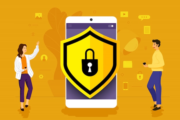 Uomo d'affari di concetto dell'illustrazione che lavora all'applicazione mobile insieme costruendo la tecnologia di sicurezza. illustrare.