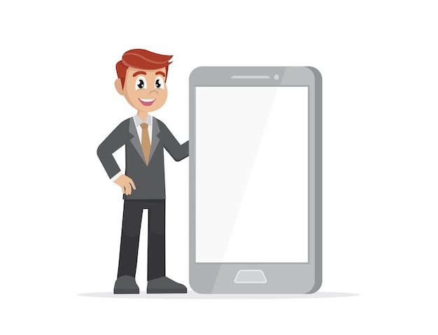 Uomo d&#39;affari e smartphone con schermo bianco.