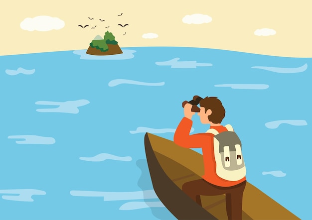 Uomo d'affari in barca con il binocolo Sta cercando clienti Il concetto del mare e delle onde è un viaggio L'isola è come incontrare i clienti Piatto stile cartone animato illustrazione vettoriale
