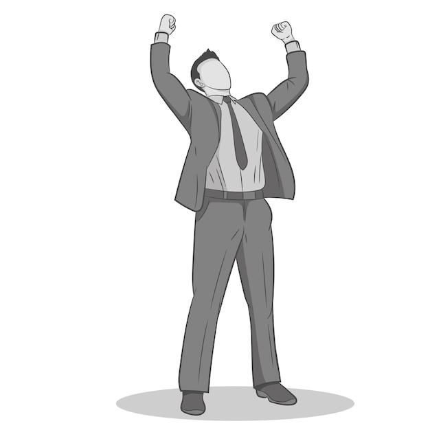 Uomo d'affari in piedi e alzando le mani o le braccia Ragazzo di successo Concetto di uomo d'affari che ha vinto un concorso