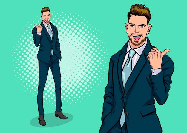 Uomo d'affari intelligente punto barbuto e presentando stile fumetto retrò pop art