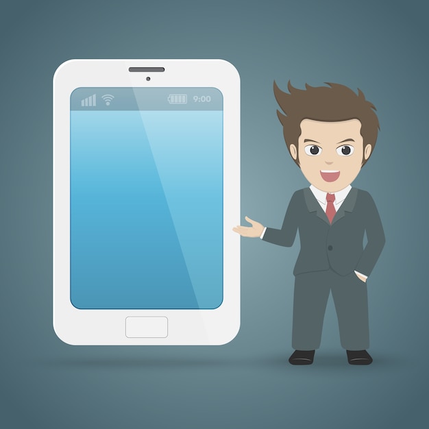 Uomo d&#39;affari presente con smartphone.