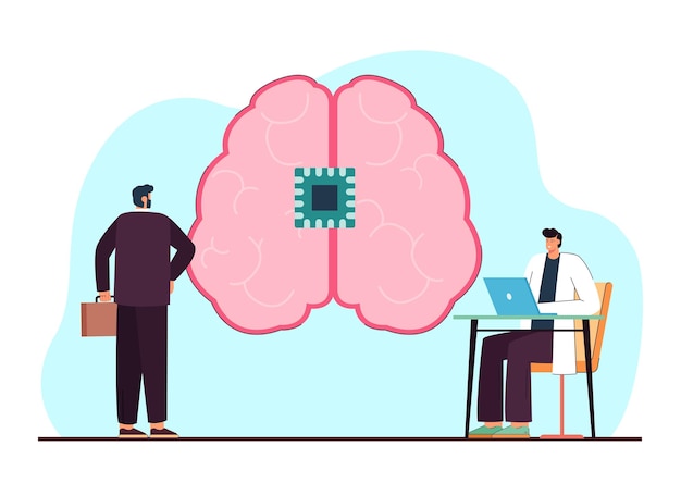 Uomo d'affari, programmatore enorme cervello umano con chip. Scienziato con laptop e cervello con illustrazione vettoriale piatta della scheda madre. Tecnologia, concetto di intelligenza artificiale per banner o landing page