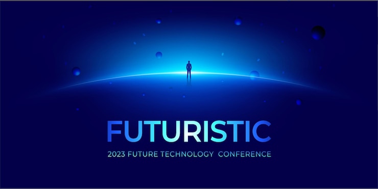 Vettore uomo d'affari rivolto verso la città del futuro tecnologia futuristica sfondo spaziale