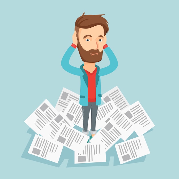 Uomo d'affari stressato che ha molto lavoro da fare.