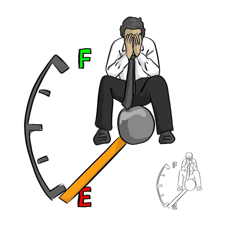 Vettore uomo d'affari triste seduto sul misuratore di carburante usando le mani per coprire il suo viso schizzo di illustrazione vettoriale