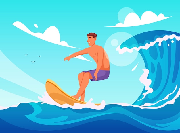 uomo dei cartoni animati che fa surf godendosi le onde al mattino