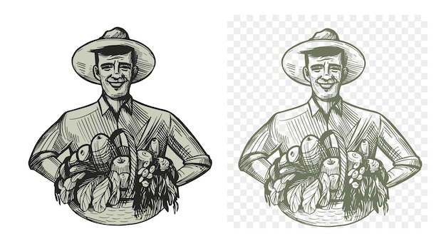 Uomo dell'agricoltore con le verdure Illustrazione di schizzo di vettore. Logo, emblema