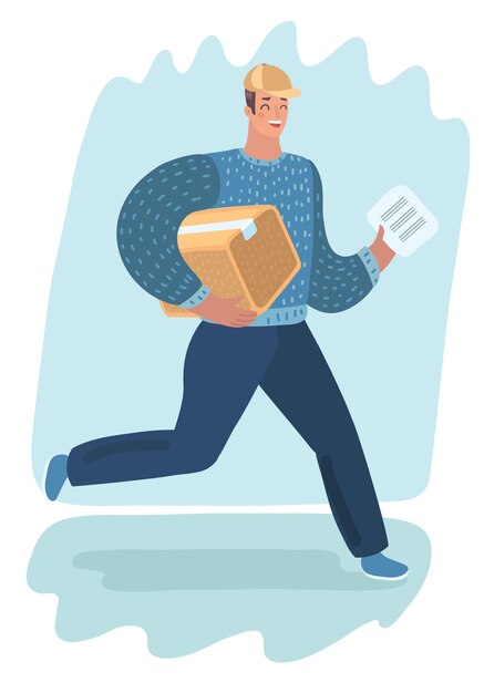Uomo di consegna con pacco. Trasporto veloce. carattere su sfondo bianco. Postino, corriere con pacco. Concetto di shopping online e spostamento.