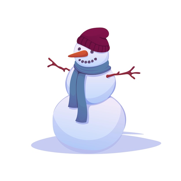 Uomo di neve Simbolo invernale di Capodanno e Natale Costume di personaggio in neve con cappello e sciarpa Poster banner festivo e decorazione per cartoline stampate o adesive Vector cartoon isolato illustrazione di Natale