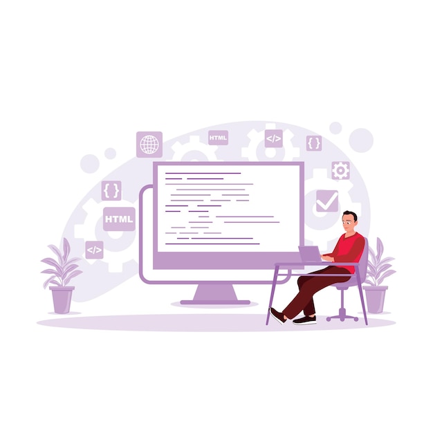 Uomo di sviluppo software che lavora alla scrivania e rompe il codice di programmazione