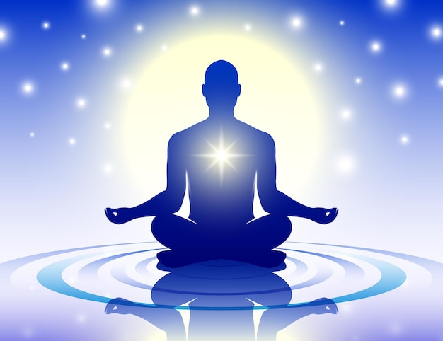 Uomo di yoga seduto pacificamente in una posa di loto su un'acqua su uno sfondo vettoriale di cielo notturno stellato blu
