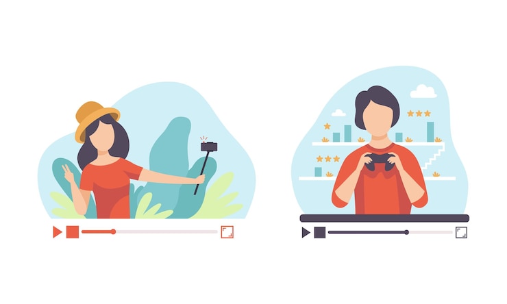 Vettore uomo e donna blogger o vlogger che creano contenuti video per il set vettoriale del canale web