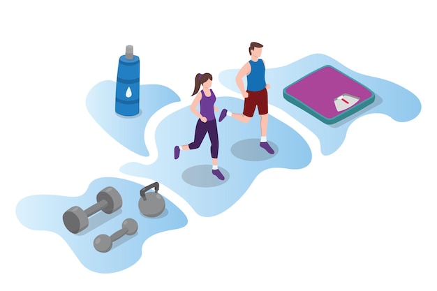 Uomo e donna che camminano o corrono a fare jogging con alcune attrezzature come la bilancia per la dieta, bere acqua e manubri con vettore moderno stile isometrico