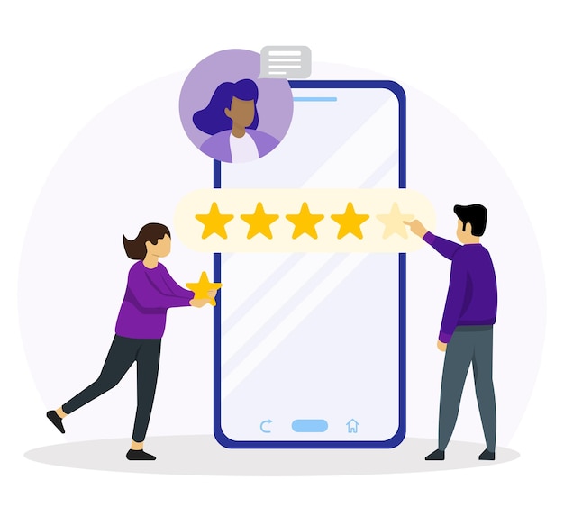 Uomo e donna che danno un feedback a cinque stelle e scelgono la valutazione di soddisfazione sullo schermo dello smartphone