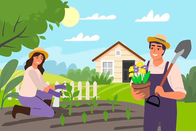 Uomo e donna che fanno il lavoro di giardinaggio primaverile vettore La gente imposta la primavera