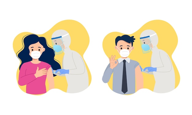 Uomo e donna che vengono sparati dal personale medico clip art del vaccino Covid19 Design piatto vettoriale dei cartoni animati