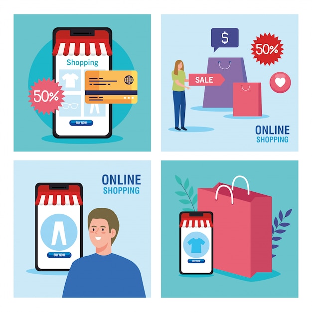 uomo e donna con gli smartphone e l'insieme dell'icona di vendita al dettaglio online del mercato del commercio elettronico e compri l'illustrazione di tema
