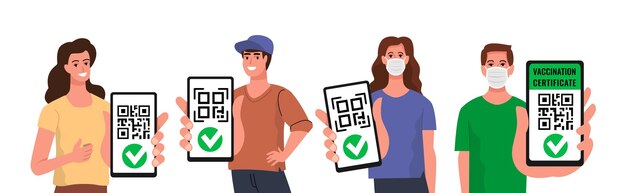 Uomo e donna con il vettore del codice qr dello smartphone. Certificato digitale vaccinato passaporto.sullo schermo del dispositivo.