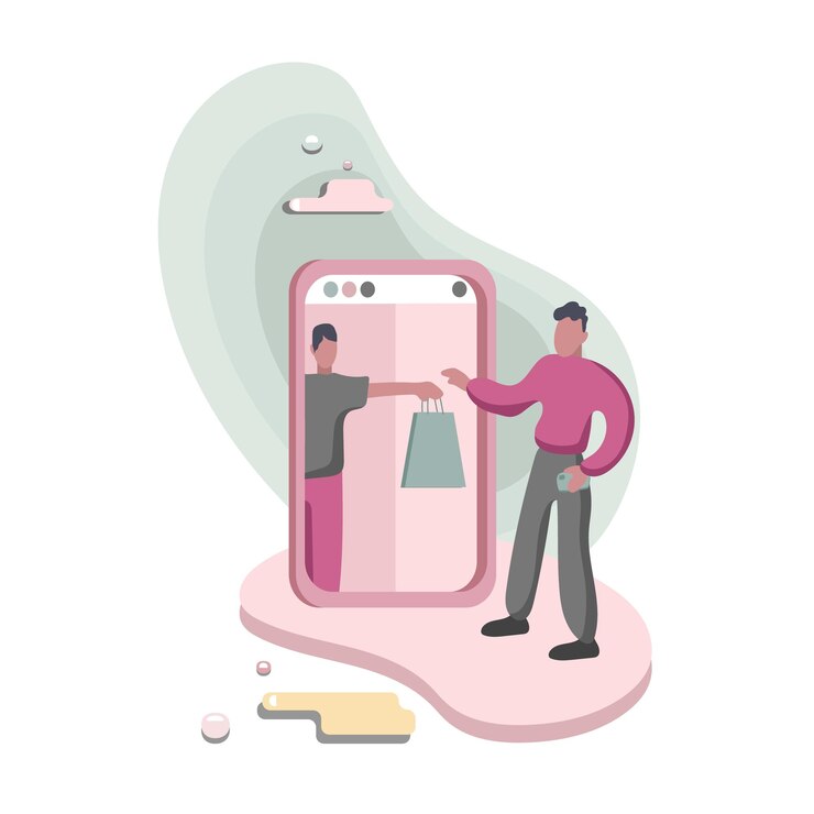 Vettore uomo elegante in piedi vicino al telefono cellulare e che prende borse per ordinare merci nel negozio online acquirente online acquisto di nuovi beni commercio elettronico ambiente digitale illustrazione piatta vettoriale