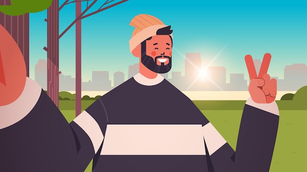 uomo felice che prende selfie sulla fotocamera dello smartphone ragazzo che fa foto di auto nel parco urbano paesaggio urbano sfondo ritratto orizzontale illustrazione vettoriale