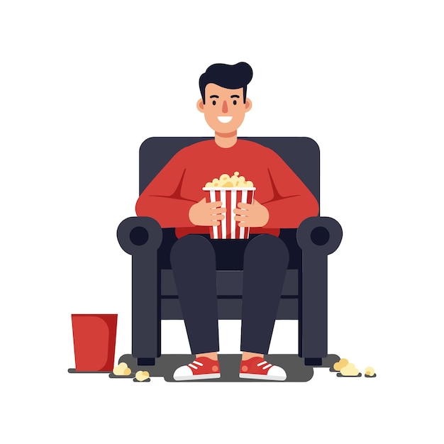 Uomo felice che si gode il popcorn mentre è seduto in una poltrona accogliente illustrazione vettoriale piatta