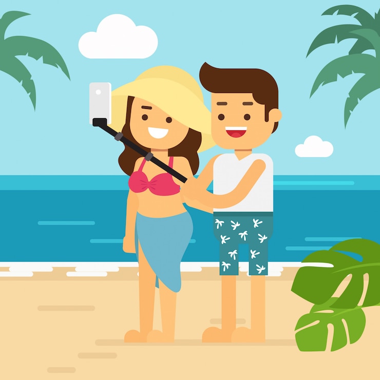 Vettore uomo felice e donna in spiaggia in vacanza estiva