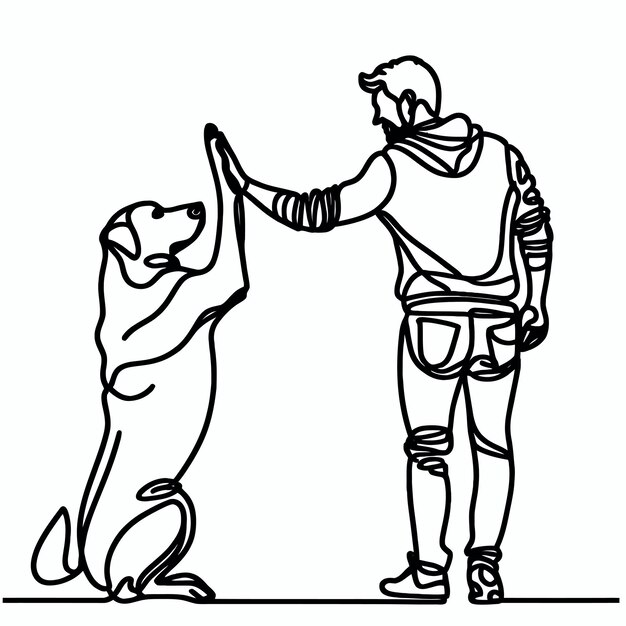 Uomo highfiving cane in linea continua arte disegno stile animale domestico e persone amicizia sk lineare nero